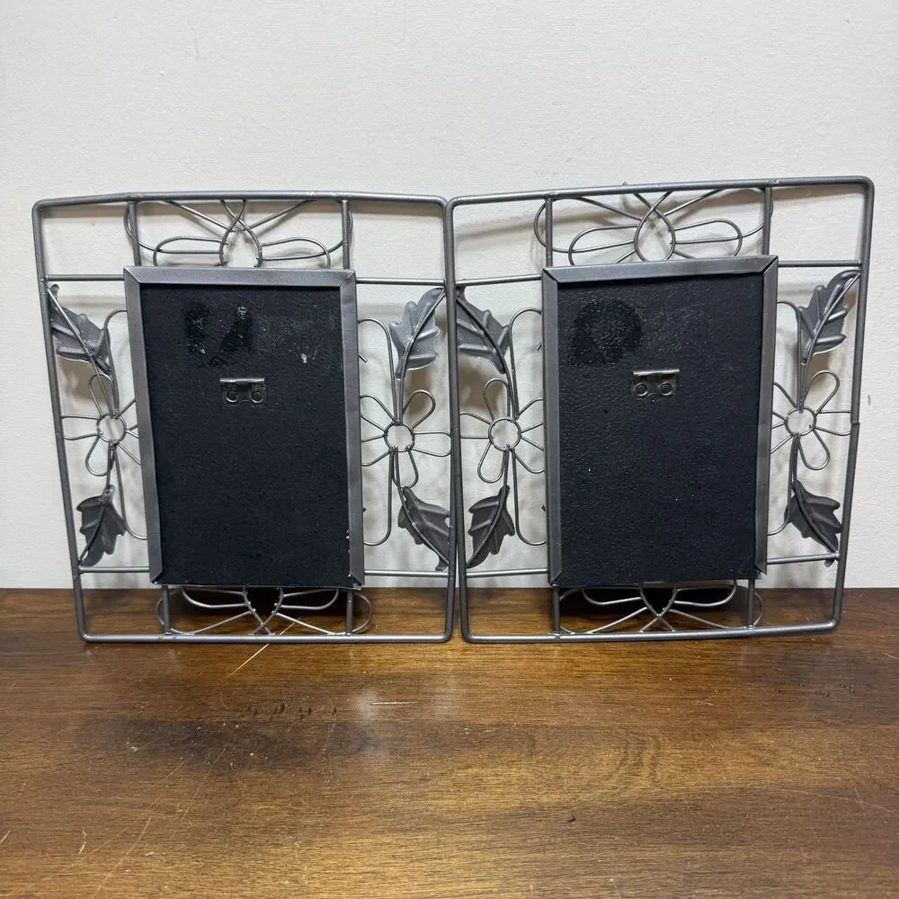 Pair Vintage Metal Wire Photo Frames Ornate Butterfly Floral Silver Tone Fairy